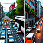 **Image Prompt 1: The Transition to Smart Traffic**
    "A compelling split image, contrasting two urban scenes: On the left, a chaotic, gridlocked Istanbul street at rush hour, filled with traditional vehicles and frustrated commuters. On the right, the same street transformed into a futuristic smart city landscape, with AI-controlled traffic lights, smoothly flowing electric and autonomous vehicles, integrated public transport, and visible green infrastructure, emphasizing efficient urban flow and a sense of relief."