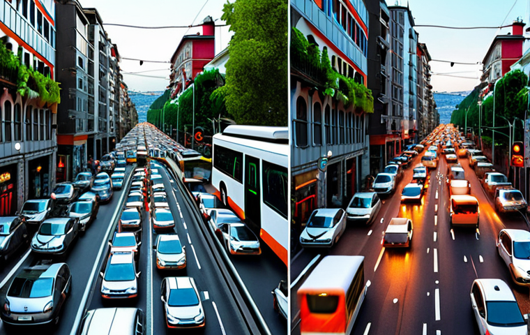 **Image Prompt 1: The Transition to Smart Traffic**
"A compelling split image, contrasting two urban scenes: On the left, a chaotic, gridlocked Istanbul street at rush hour, filled with traditional vehicles and frustrated commuters. On the right, the same street transformed into a futuristic smart city landscape, with AI-controlled traffic lights, smoothly flowing electric and autonomous vehicles, integrated public transport, and visible green infrastructure, emphasizing efficient urban flow and a sense of relief."