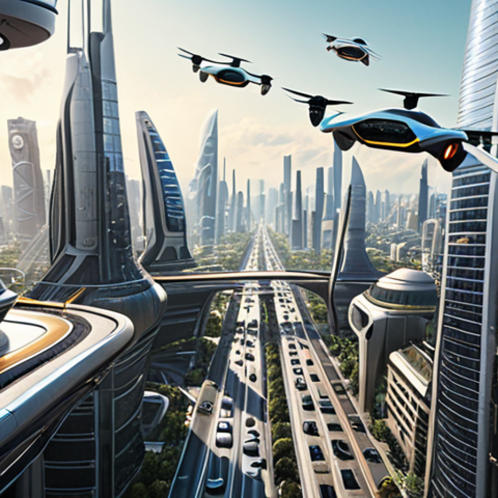 ** Futuristic cityscape with flying taxis soaring above, reducing traffic congestion. Emphasis on clean energy and modern architecture.

**