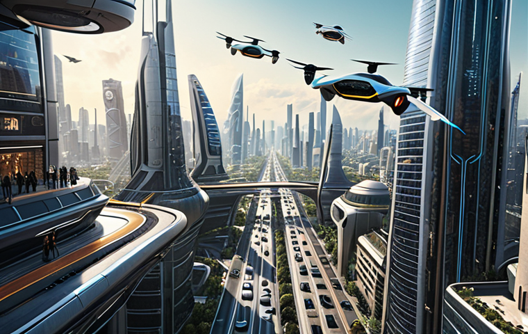 ** Futuristic cityscape with flying taxis soaring above, reducing traffic congestion. Emphasis on clean energy and modern architecture.
**